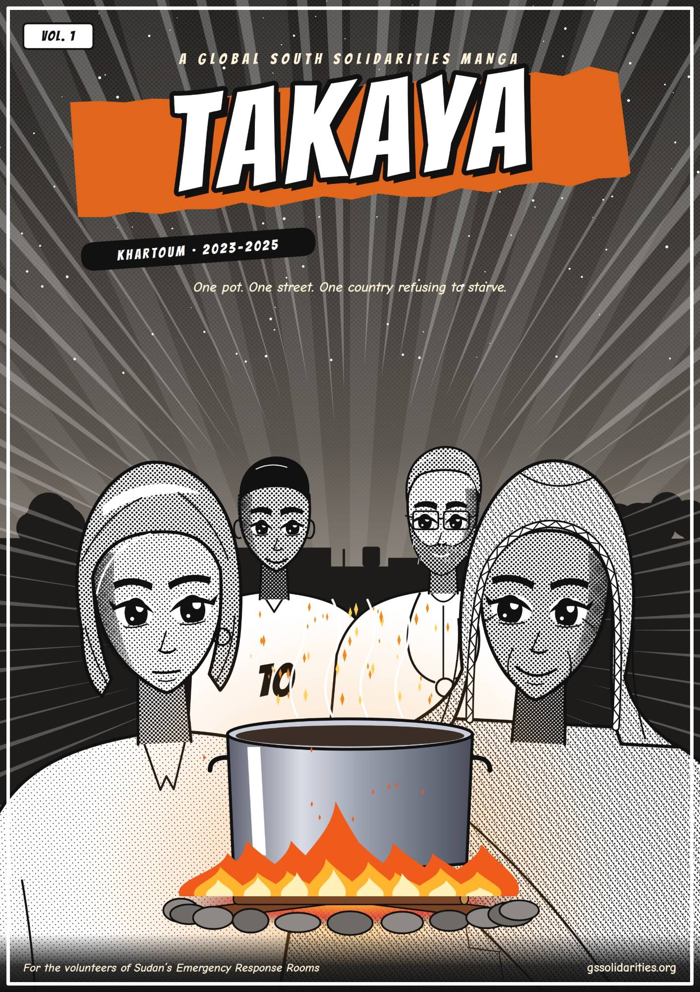Takaya Vol. 1 cover — four characters around a cooking pot in Khartoum, 2023–2025